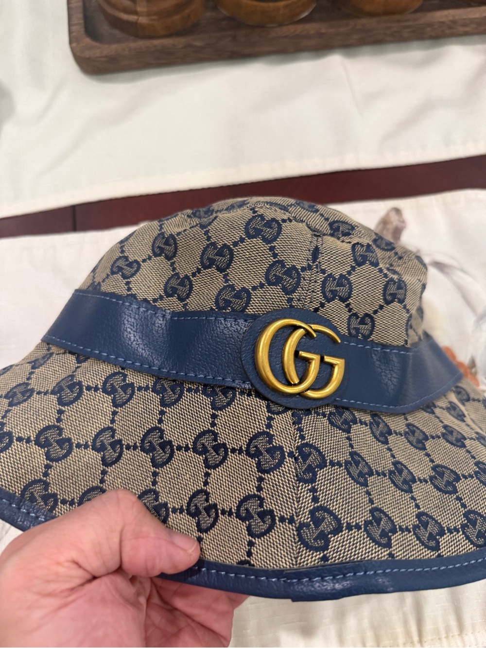 Gucci Beige Canvas Bucket Hat with Navy GG Monogram and Navy Trim